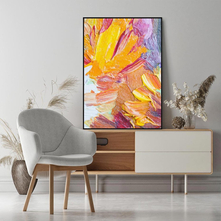 Obraz w ramie 70x100 - Kwiatowe Harmonie - zbliżenie na obraz olejny, gruba warstwa farby - rama czarna