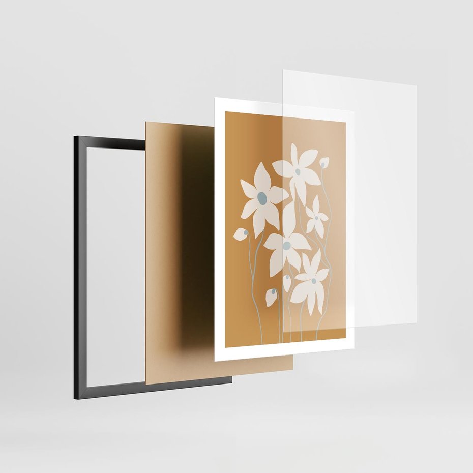 Plakat w ramie 50x70 - Kwiatowy Spektakl - minimalistyczne kwiaty, na pomarańczowym tle - rama czarna