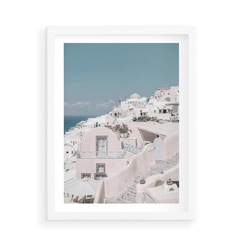 Plakat w ramie 50x70 - Śródziemnomorski Urok - zdjęcie Santorini, białe budynki - rama biała