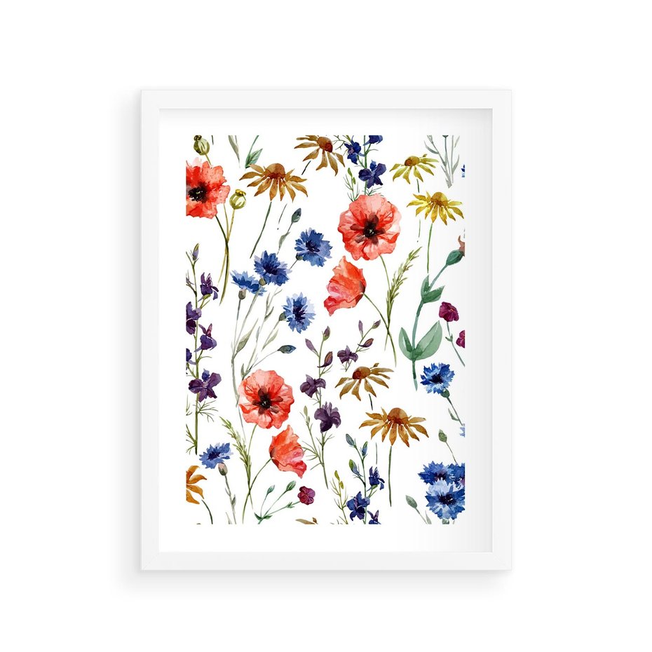 Plakat w ramie 30x40 - Kwiatowe radości na łące - kwiaty, łączka - rama biała