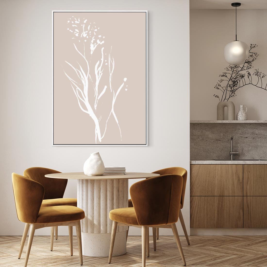Obraz w ramie 80x120 - Impresje Pastelowych Nastrojów - minimalistyczny delikatny obraz, beżowe odcienie - rama biała