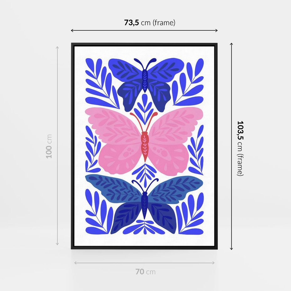Obraz w ramie 70x100 - Delikatna Symfonia Natury - motyle, rośliny - rama czarna
