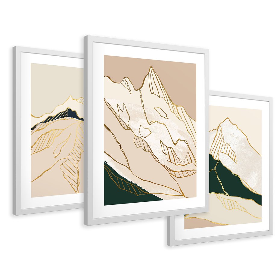 Zestaw obrazy w ramie 50x70 galeria - Złote, góry, abstrakcja, akwarela - rama biała