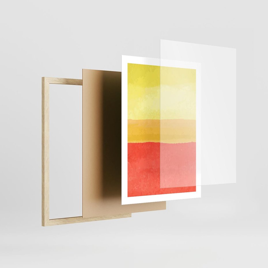 Plakat w ramie 50x70 - Rozmyte Odbicia - kolorowe akwarelowe pasy, odcienie żółci i czerwieni - rama drewno