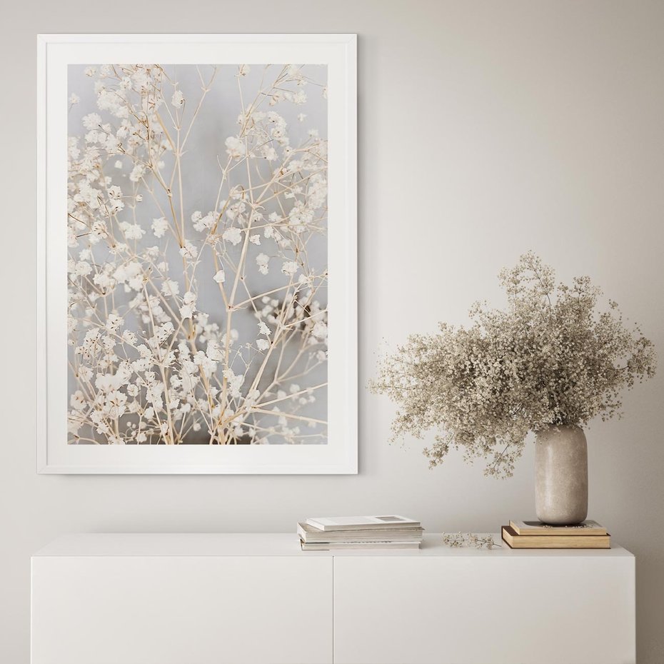 Plakat w ramie 50x70 - Białe Drobne Kwiaty - gipsówka, białe drobne kwiatki - rama biała