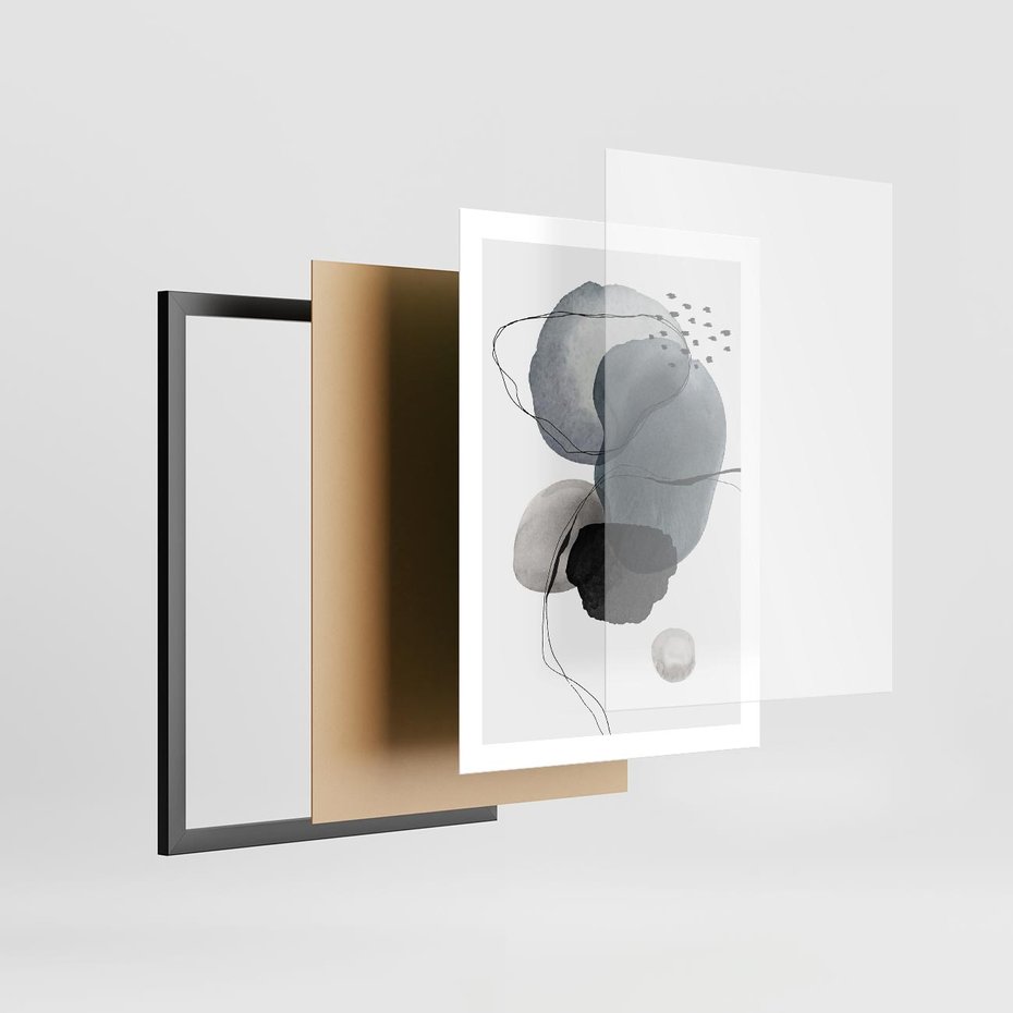 Plakat w ramie 50x70 - Wibracje Kształtów - abstrakcyjne plamy akwarelowe, czarny szkic - rama czarna