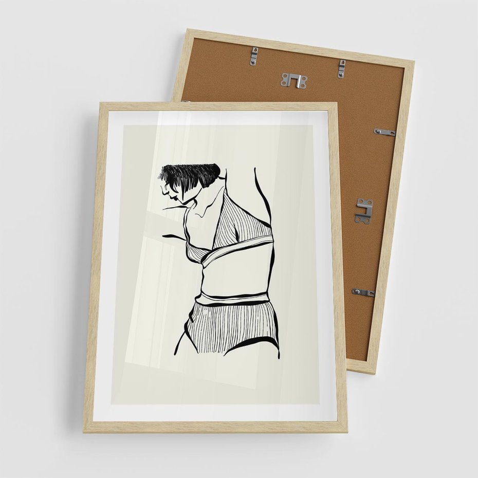 Plakat w ramie 50x70 - Minimalistyczny Urok - szkic, kobieta w bieliźnie - rama drewno