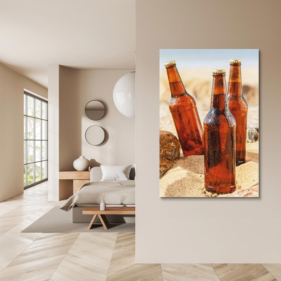 Obraz na płótnie 50x70 - Butelki na plaży - butelki, plaża