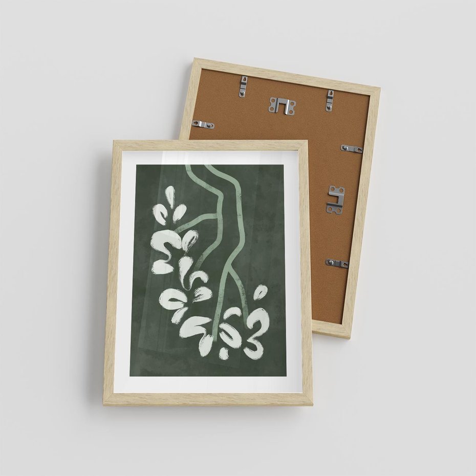 Plakat w ramie 30x40 - Rozkwitające Zielone Gałęzie - abstrakcyjne delikatne zielone linie, podobne do gałęzi kwiatów - rama drewno