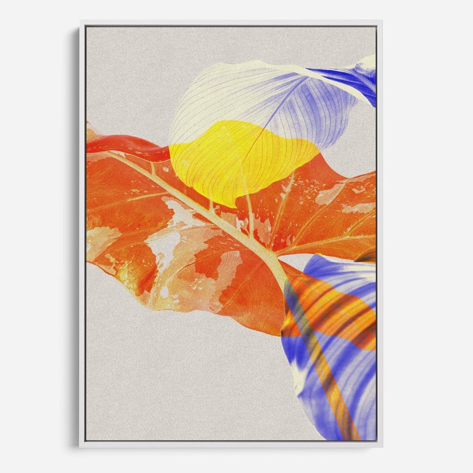 Obraz w ramie 70x100 - Energetyczne Indygo - retro, tropikalne liście - rama biała