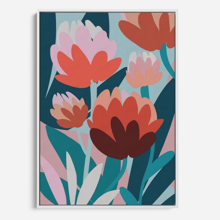 Obraz w ramie 80x120 - Symfonia Kwiatów - abstrakcyjna kompozycja kwiatowych form, kolor zgaszone - rama biała