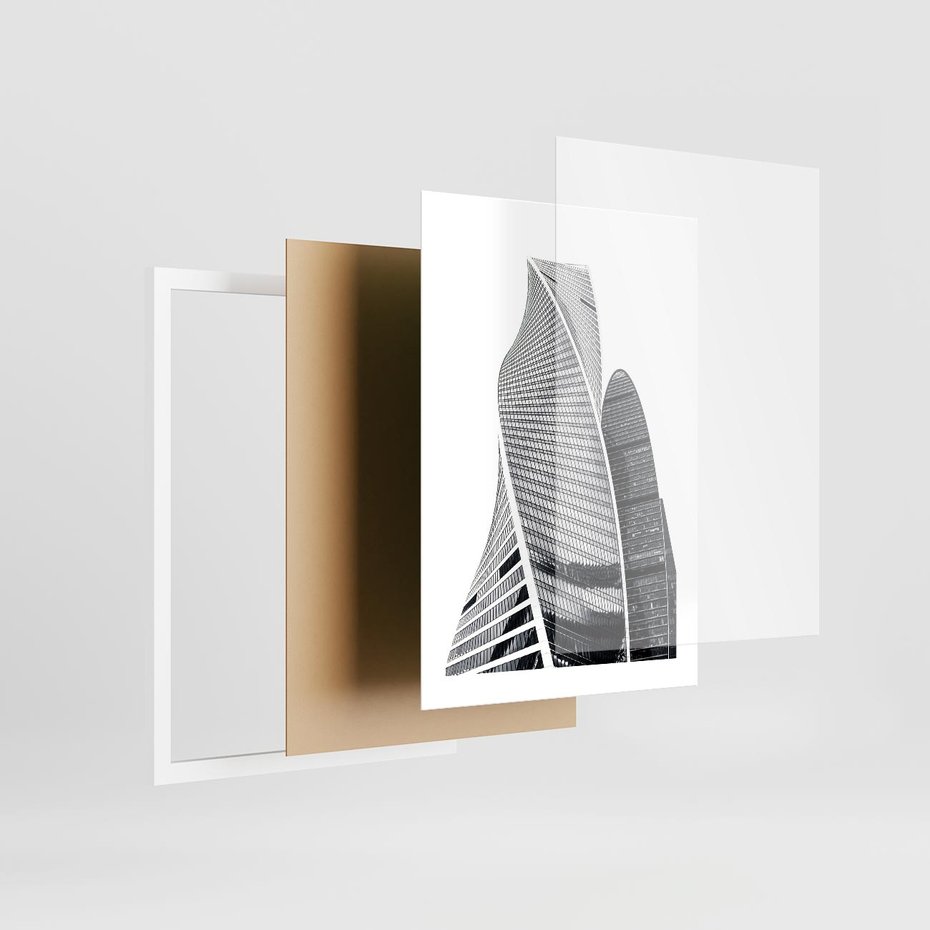 Plakat w ramie 30x40 - Wieżowce z Falistymi Kształtami - nowoczesne wieżowce, czarno biała fotografia - rama biała