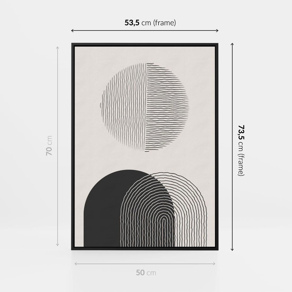 Obraz w ramie 50x70 - Przenikająca Rzeczywistość - abstrakcyjna kompozycja, okręgi i półokręgi - rama czarna