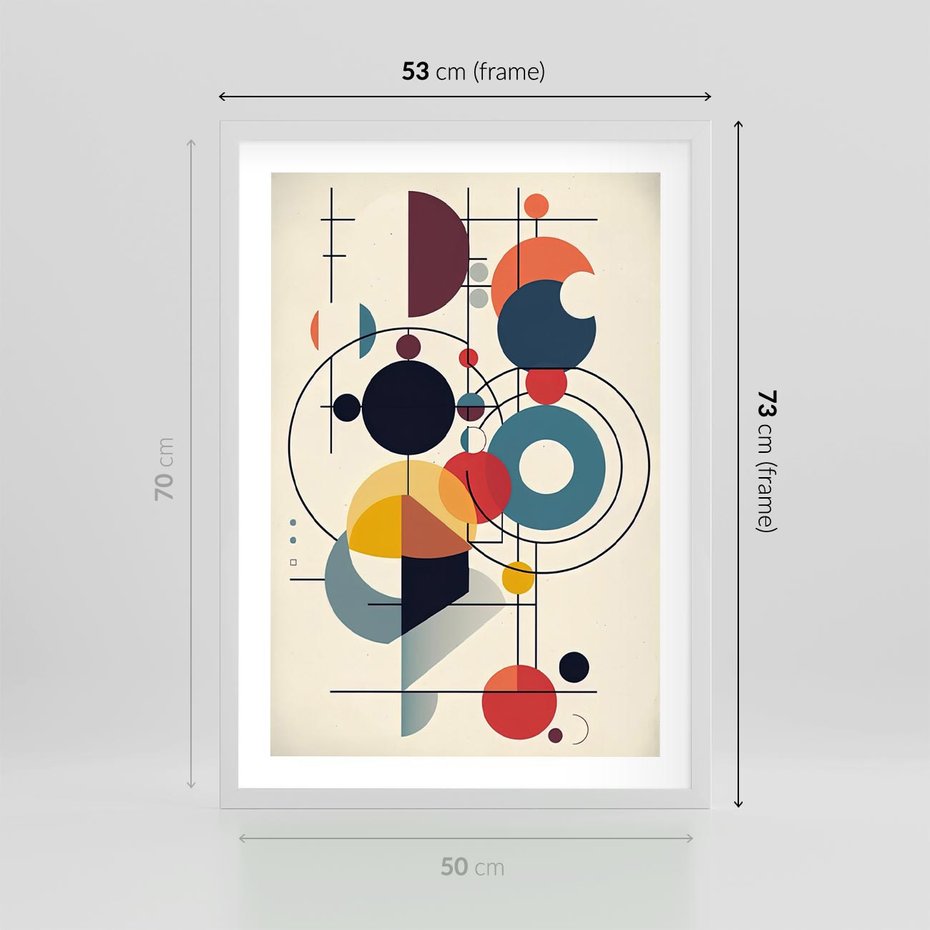 Plakat w ramie 50x70 - Rozbijające Barwne Granice - abstrakcyjna geometryczna kompozycja, koła linie - rama biała