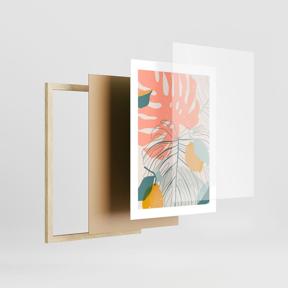 Plakat w ramie 30x40 - Sztuka Natury: Liście Monstery w Pastelach - nowoczesna grafika, pastelowe liście monstery - rama drewno