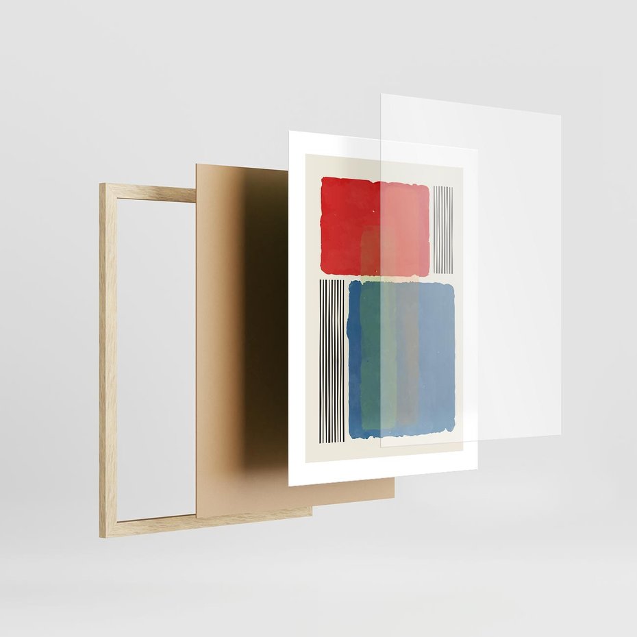 Plakat w ramie 30x40 - Kolorowe Spektrum - kolorowa geometria, prostokąty w intensywnych kształtach i czarne kreski - rama drewno