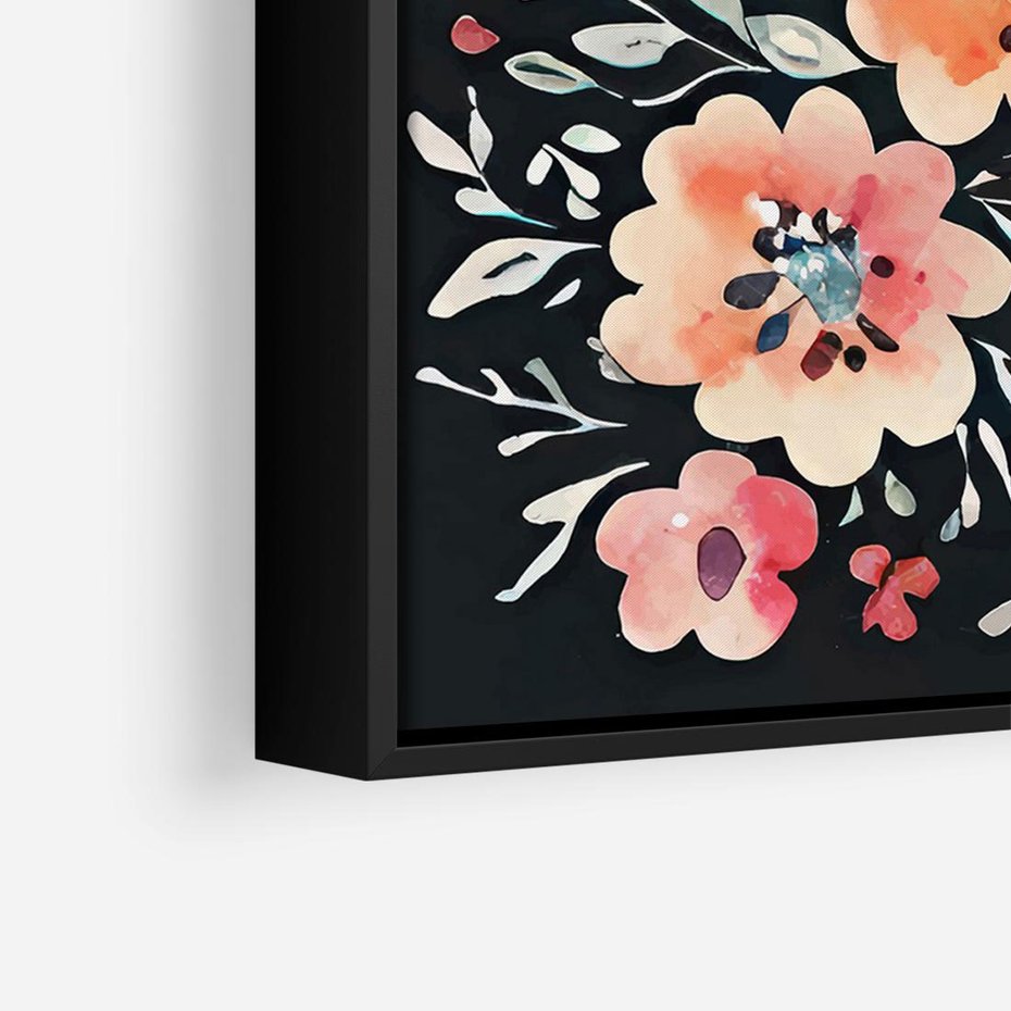 Obraz w ramie 100x70 - Labirynty melancholii - akwarelowe, pastelowe kwiaty na czarnym tle - rama czarna
