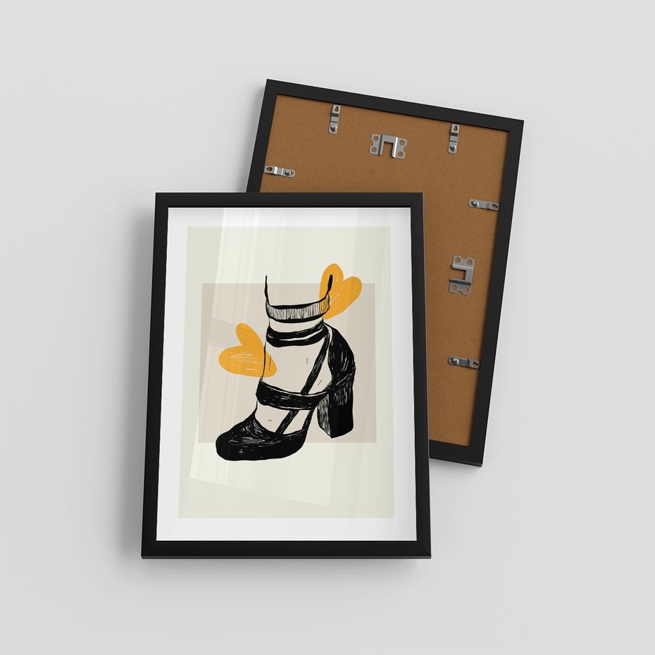 Plakat w ramie 30x40 - Elegancja w Szkicu: Stopa w Bucie na Obcasie - grafika, czarny szkic - rama czarna