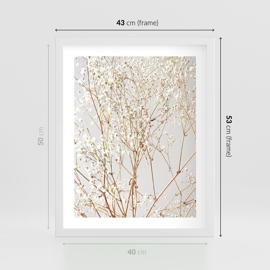 Plakat w ramie 40x50 - Minimalistyczna Delikatność - białe kwiaty, gipsówka - rama biała