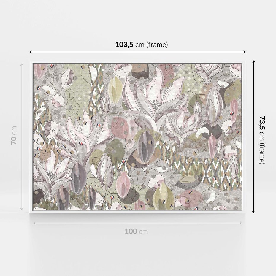 Obraz w ramie 100x70 - Pejzaże zatajonej duszy - połączenie tekstur, roślinne motywy - rama biała