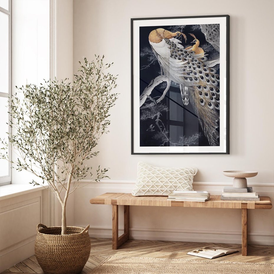 Plakat bez ramy 21x30 - Japońskie Pawie - japońska grafika, pawie