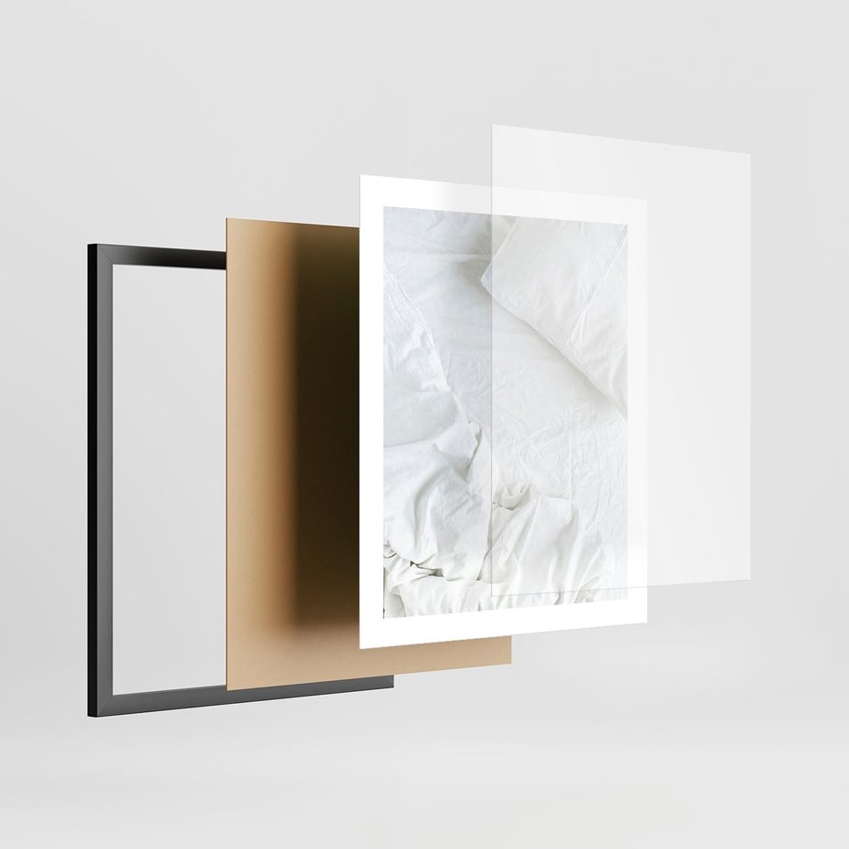 Plakat w ramie 40x50 - Sztuka i Komfort - pościel, biała kołdra poduszka - rama czarna