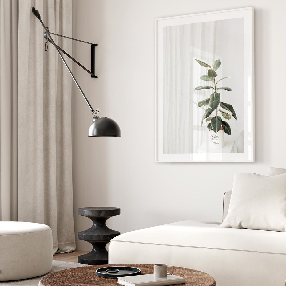 Plakat w ramie 40x50 - Kwiat w Bieli - kwiat w doniczce, białe wnętrze - rama biała