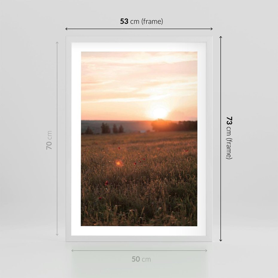 Plakat w ramie 50x70 - Łąka we Wschodzącym Słońcu: Magia Poranka - łąka, krajobraz - rama biała