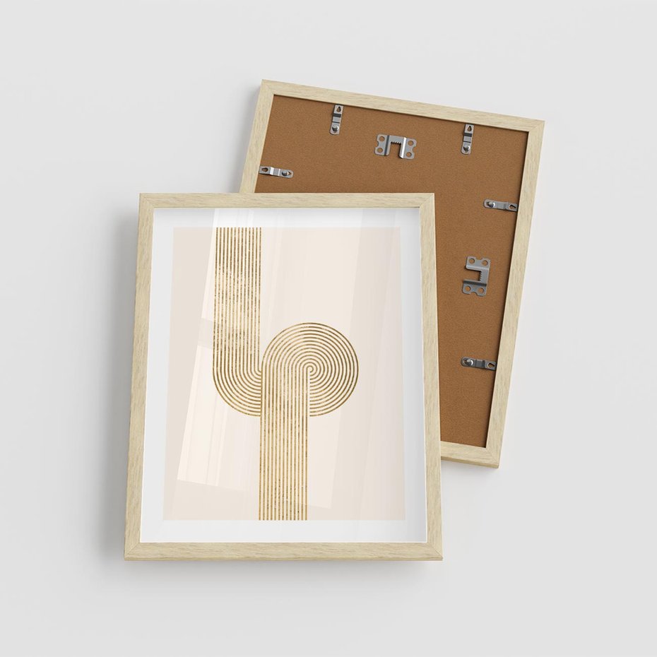 Plakat w ramie 40x50 - Podróżne Kształty - geometryczne linie w złotym kolorze, minimalizm - rama drewno