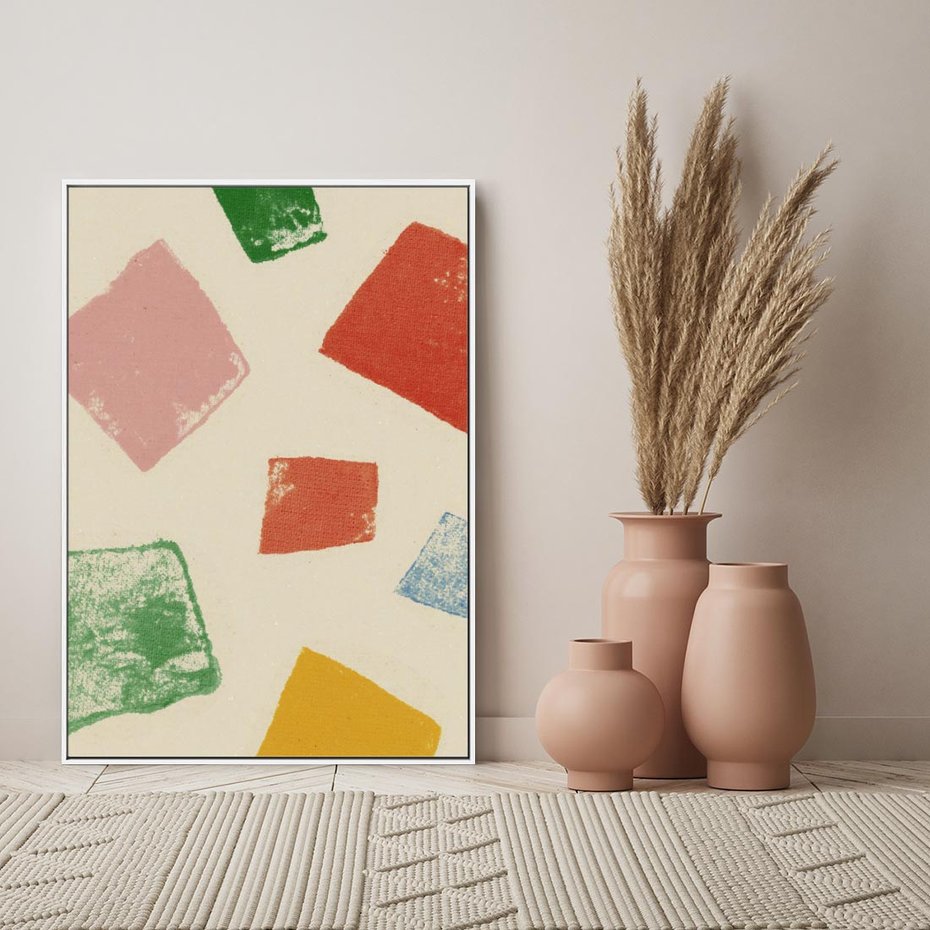 Obraz w ramie 80x120 - Tęczowe Rytmy - kolorowe tęczowe kwadraty, wesoły kolaż - rama biała