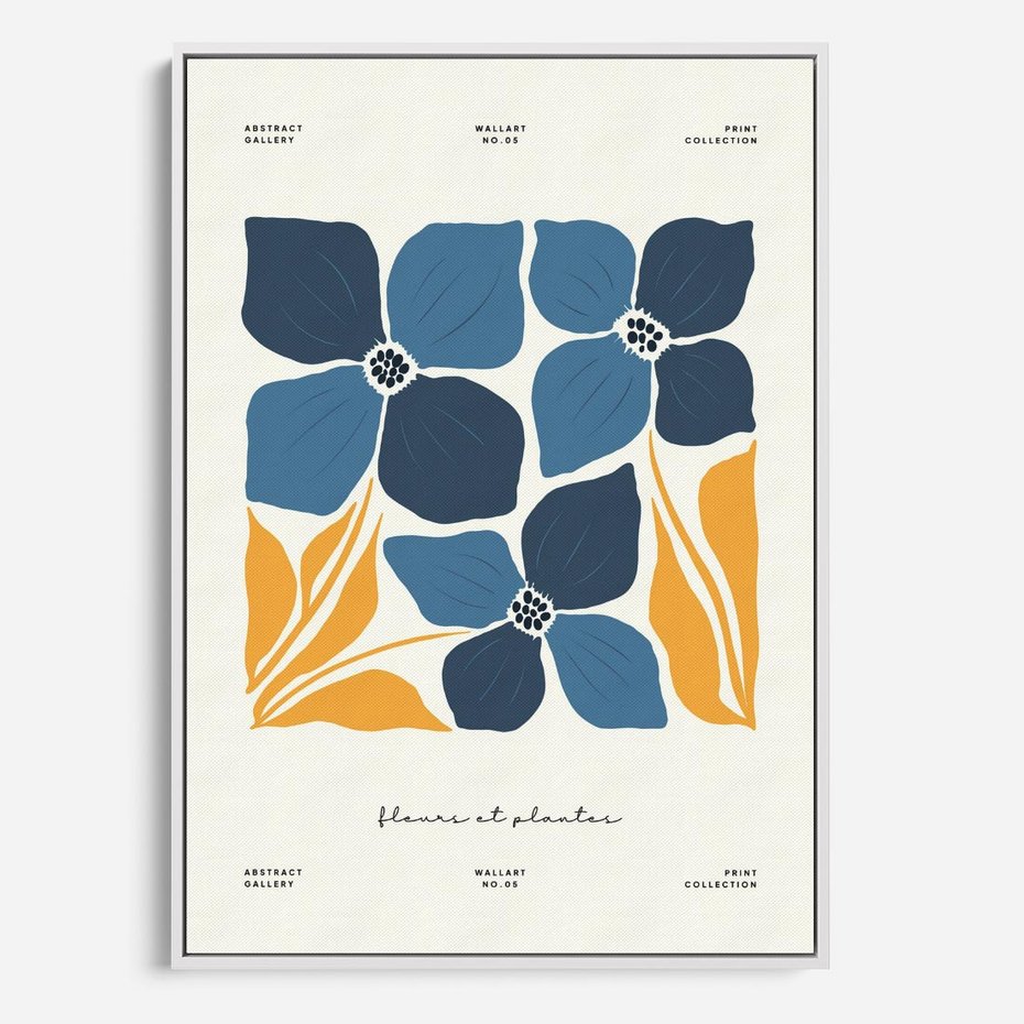 Obraz w ramie 70x100 - Błękitne Nowości - niebieskie kwiaty, nowoczesna sztuka - rama biała