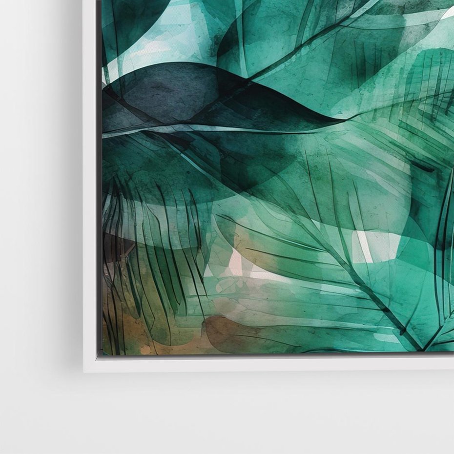 Obraz w ramie 80x80 - Zieleń Tropików - tropikalne zielone liście palmy, monstera - rama biała