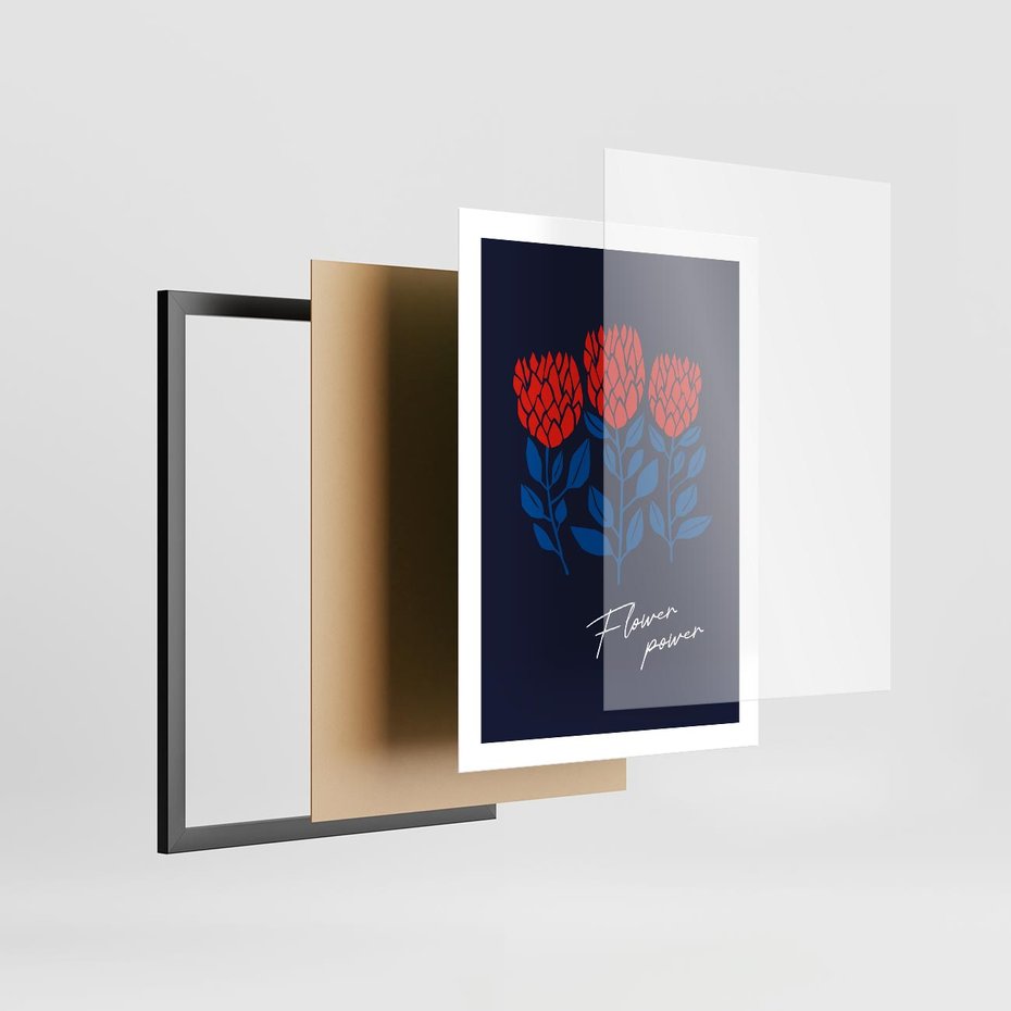 Plakat w ramie 50x70 - Podróżne Barwy - czerwone abstrakcyjne kwiaty, granatowe tło - rama czarna