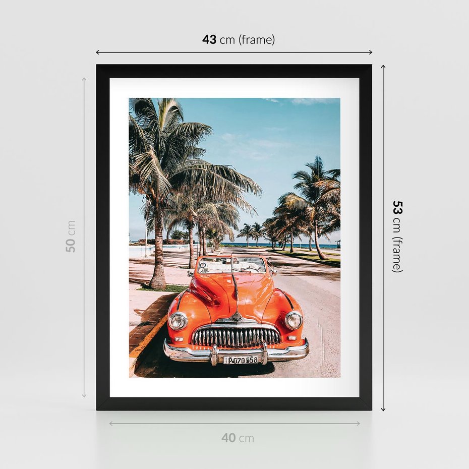 Plakat w ramie 40x50 - Retro Przejażdżka - pomarańczowy retro samochód, kabriolet - rama czarna