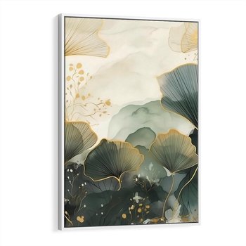 Obraz w ramie 50x70 - Natura w Złotym Odcieniu - złote elementy, liście miłorzębu japońskiego - rama biała