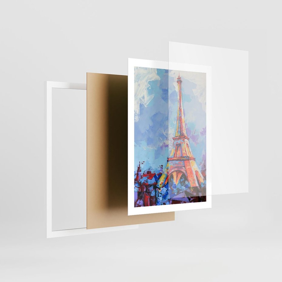 Plakat w ramie 50x70 - Paryska Wieża - olejny abstrakcyjny obraz, wieża eiffla - rama biała