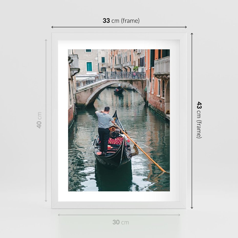 Plakat w ramie 30x40 - Kanały Wenecji - gondola, Wenecja - rama biała