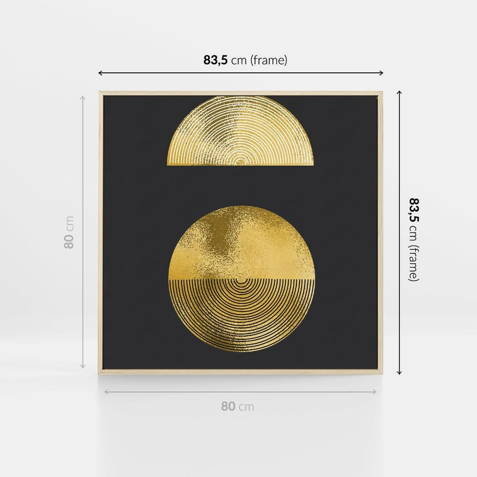 Obraz w ramie 80x80 - Migotliwe Przeniknięcia - złote koła, czarne tło - rama drewno
