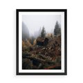 Plakat w ramie 50x70 - Górski las - stary zniszczony domek w górach, góry - rama czarna