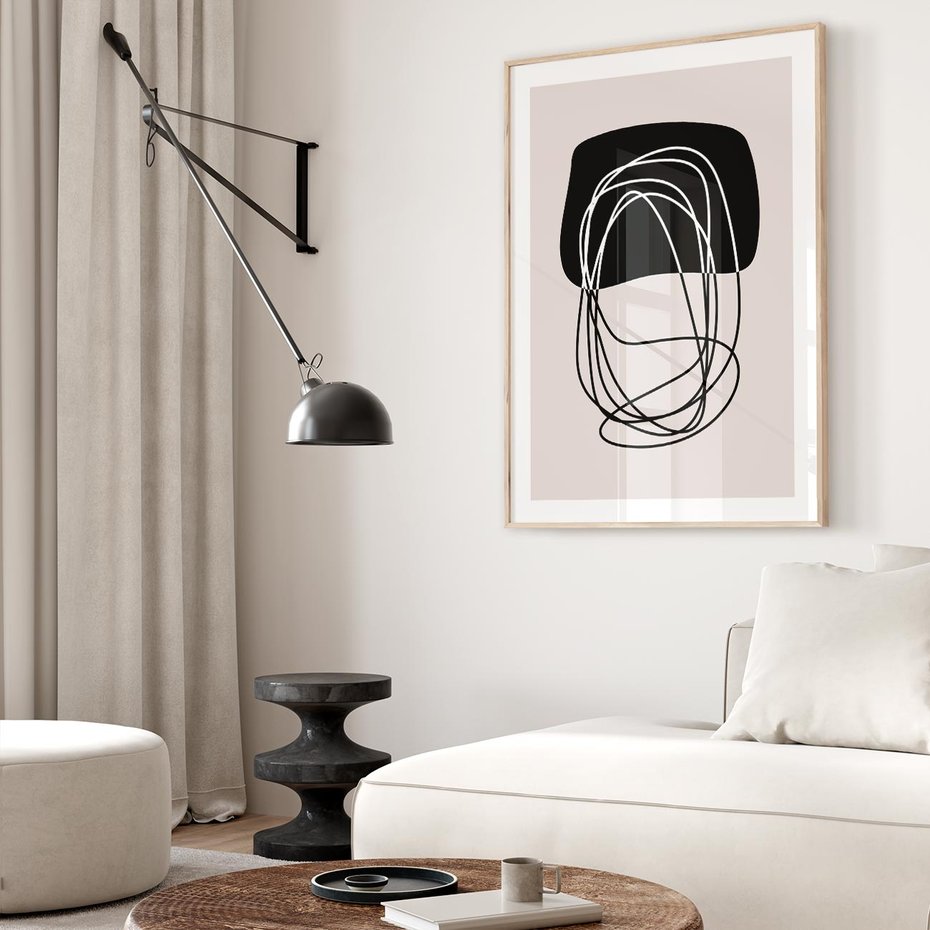 Plakat w ramie 50x70 - Strukturalne Kontrasty - abstrakcyjne szkicowane linie, minimalizm - rama drewno