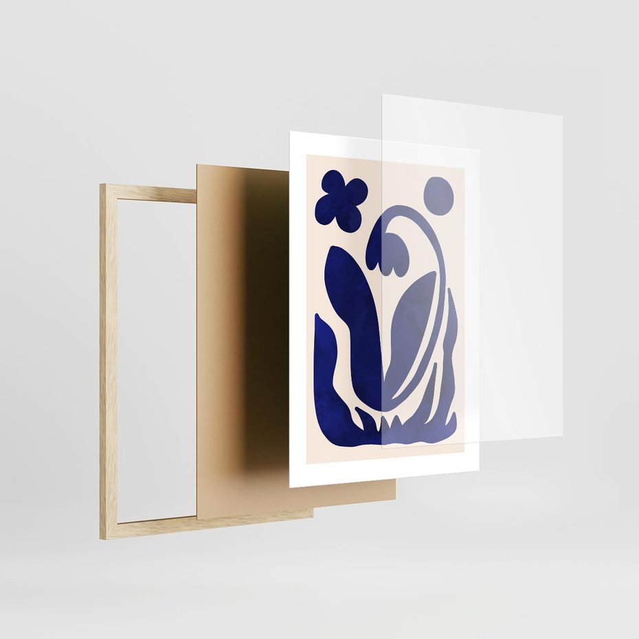 Plakat w ramie 30x40 - Bezgraniczne Echa Serca - abstrakcyjny obraz plakat, dziwne niebieskie kształty przypominają kwiat - rama drewno