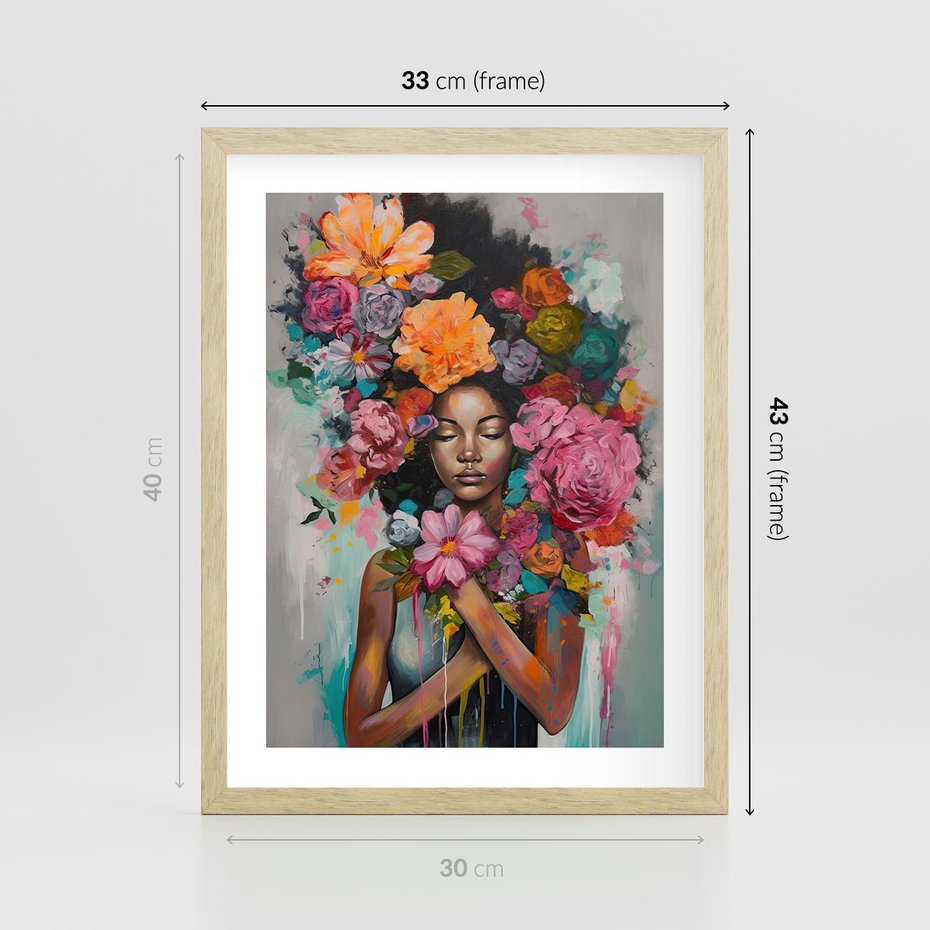 Plakat w ramie 30x40 - Z Głową w Kwiatach - obraz olejny, sztuka nowoczesna - rama drewno