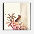 Obraz w ramie 50x50 - Kwiatowe Zanurzenie - japońska sztuka, ptak - rama czarna
