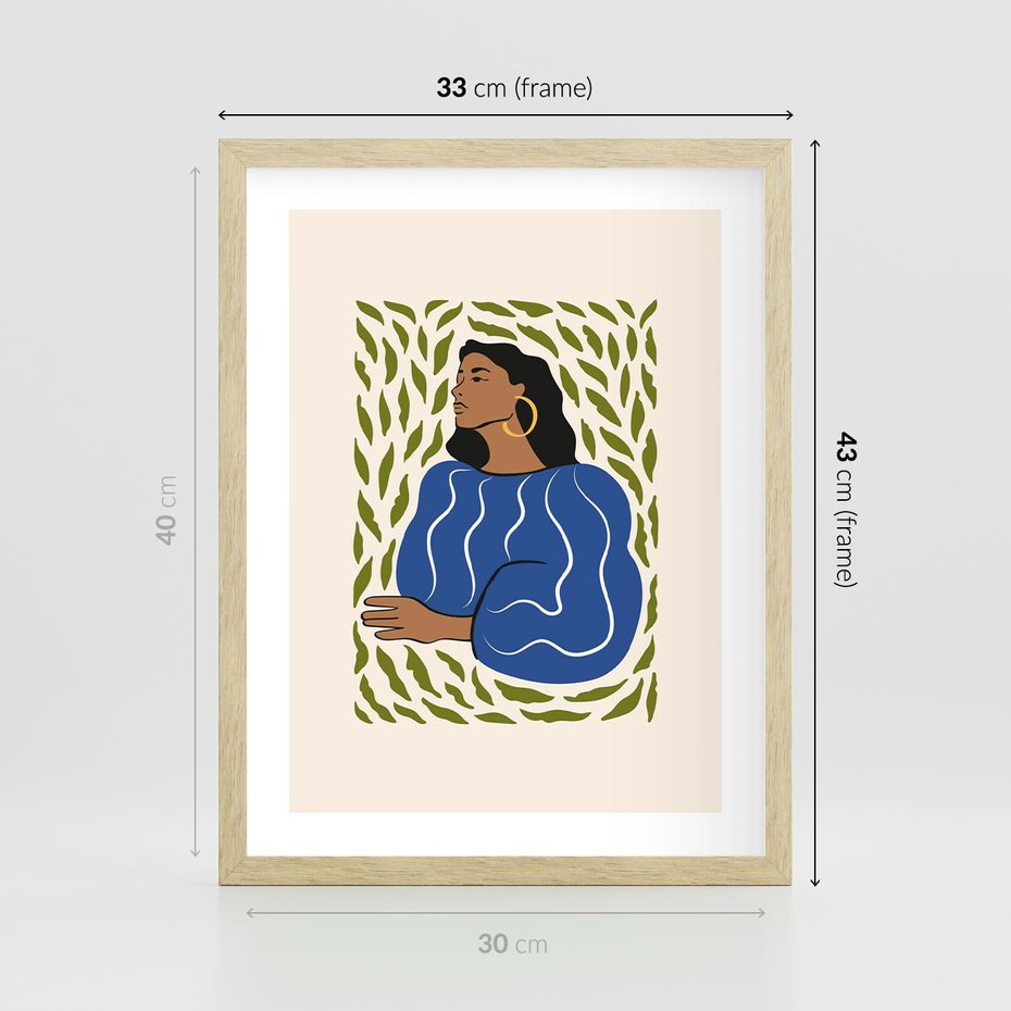 Plakat w ramie 30x40 - Rozbite Barwy - nowoczesny plakat, kobieta otoczona liśćmi - rama drewno