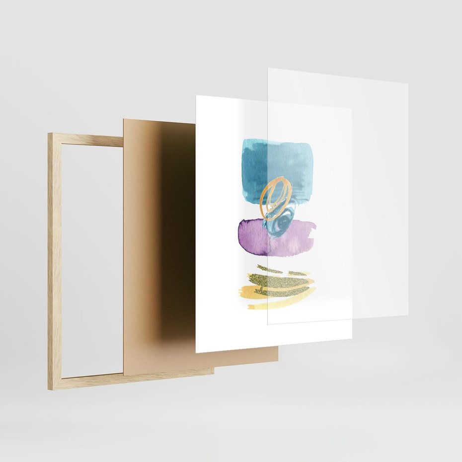 Plakat w ramie 40x50 - Taniec Akwarelowych Kresek - akwarelowe plamy w odcieniach błękitu, złote kreski - rama drewno