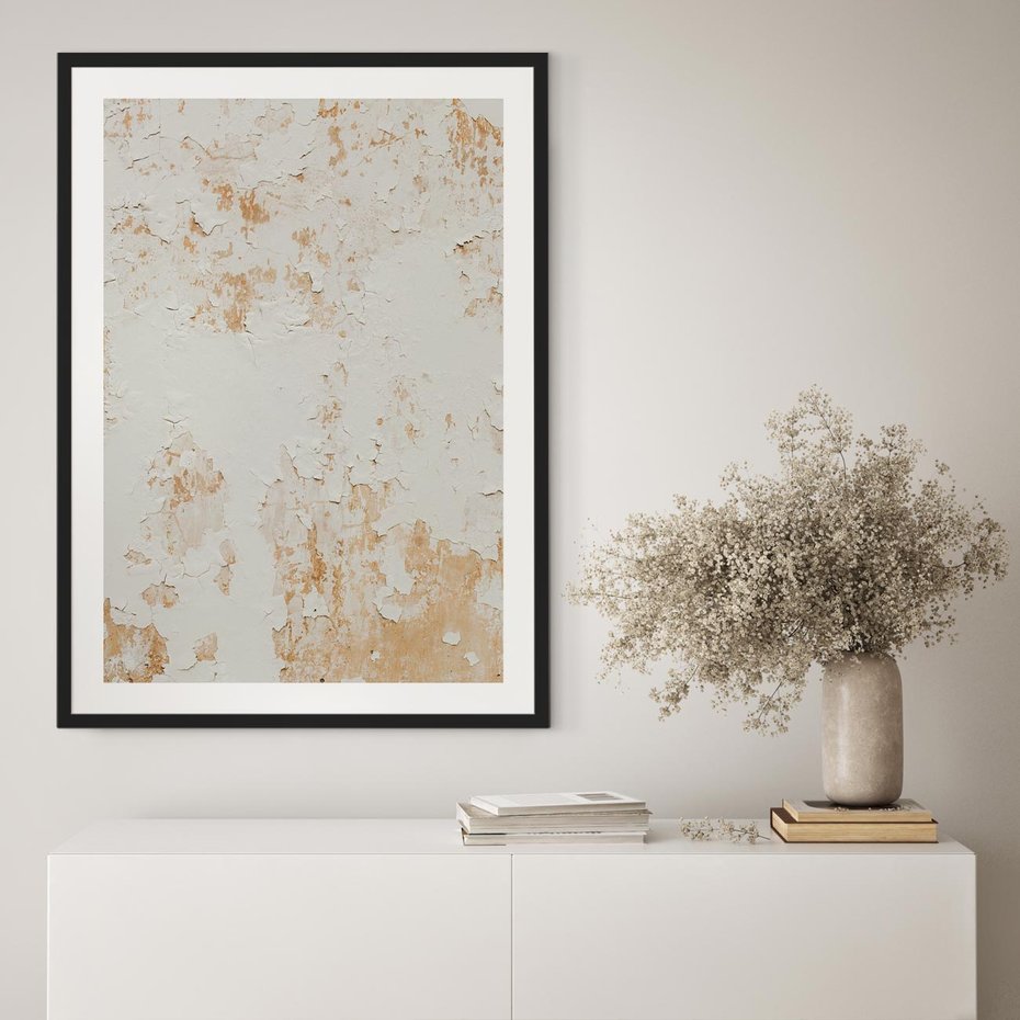 Plakat bez ramy 21x30 - Beżowa Ściana z Łuszczącą Się Farbą - stara ściana, beżowa