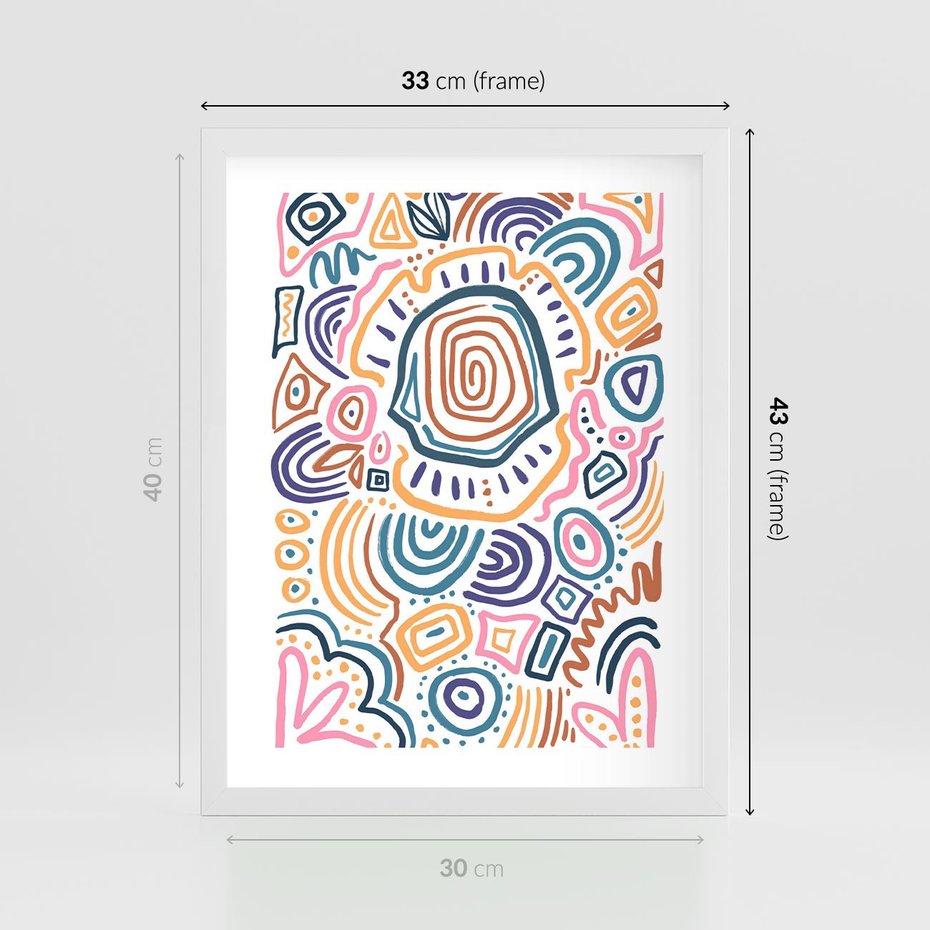 Plakat w ramie 30x40 - Strukturalne Odbicia Boho - kolorowe etniczne wzory, tęczowe żywe kolory - rama biała