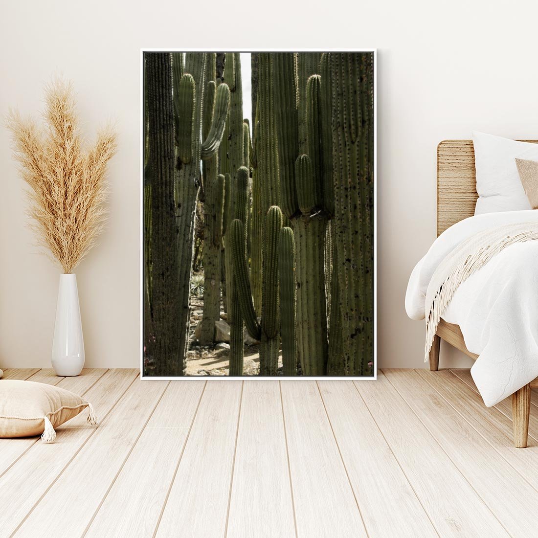 Obraz w ramie 80x120 - Wyjątkowy Klimat Boho - kaktusy, pustynia - rama biała