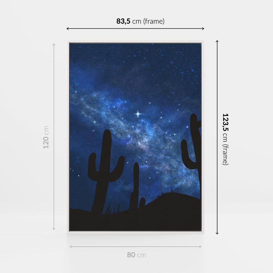 Obraz w ramie 80x120 - Nocne Tajemnice Pustyni - gwieździsta noc, granatowe niebo - rama biała