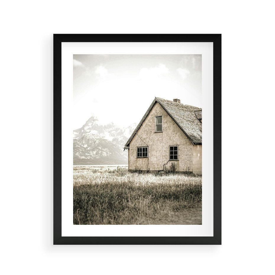 Plakat w ramie 40x50 - Ciepła Atmosfera - dom, stary dom w górach - rama czarna